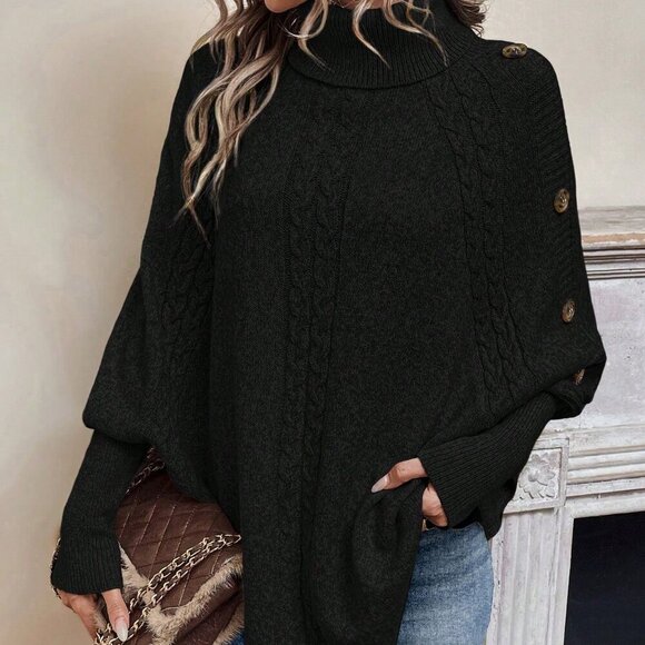 Black Casual Women's Turtleneck Batwing Sleeve Button Detail Poncho Sweater top - Picture 7 of 7